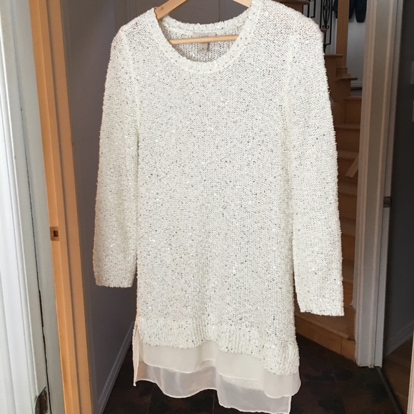 Loft Ann Taylor White Sequin Sweater Tunic Medium
